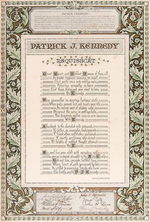 Lot #40 Patrick J. Kennedy: Hand-Illuminated Mourning Poem, Signed by Boston Democratic Leaders including John 'Honey Fitz' Fitzgerald - Image 2