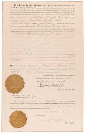 Lot #218 Brigham Young: Original Land Deed for Pioneer Square, Where Mormons First Settled in Salt Lake City - Image 1