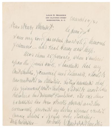 Lot #261 Louis Brandeis Autograph Letter Signed on Zionist Activities: 