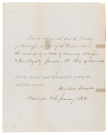 Lot #8 Abraham Lincoln Document Signed as President, Congratulating Christian IX on His Ascension to the Danish Throne - Image 1