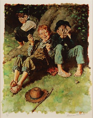 Lot #500 Norman Rockwell Signed Lithograph - 'Huck Teaching Tom & Joe to Smoke' (Ltd. Ed. #56/200) - Image 2