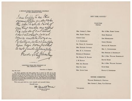 Lot #277 Albert Einstein Original 1944 Dinner Invitation from The American Fund for Palestinian Institutions - Image 2