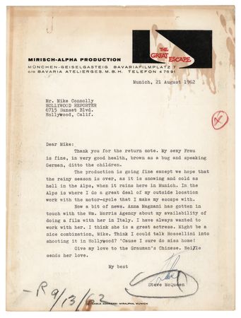 Lot #789 Steve McQueen Typed Letter Signed on