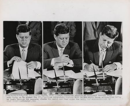 Lot #131 John F. Kennedy 1961 Original Wirephoto - Signing Interstate Highway Bill - Image 1