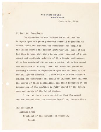Lot #17 Franklin D. Roosevelt Typed Letter Signed as President to Alfonso Lopez, President of Colombia, Suggesting an Inter-American Conference on the Maintenance of World Peace - Image 2