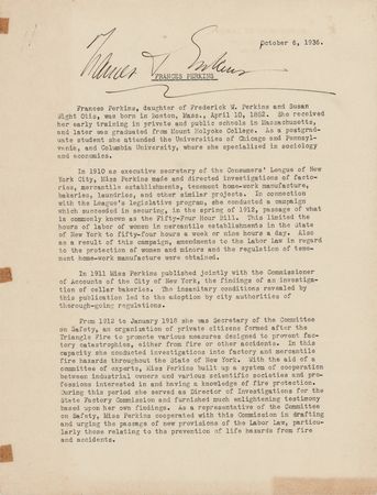 Lot #335 Frances Perkins Signed Biographical Typescript - Image 1