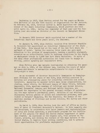 Lot #335 Frances Perkins Signed Biographical Typescript - Image 2