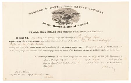 Lot #338 19th-Century Postmasters General (5) Document Signed - Image 2
