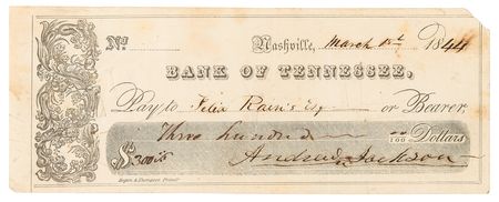 Lot #5 Andrew Jackson Scarce Signed Check - Bank of Tennessee (1844) - Image 1