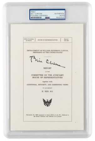 Lot #74 Bill Clinton Signed Mock Impeachment Report Cover and Impeachment Trial Ticket - Image 1