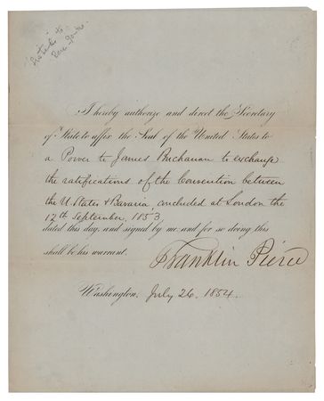 Lot #7 President Franklin Pierce Sends James Buchanan to Sign an Extradition Convention with Bavaria - Image 1
