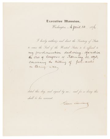 Lot #12 President Grover Cleveland Prohibits the Hunting of Fur Seals in the Bering Sea - Image 1