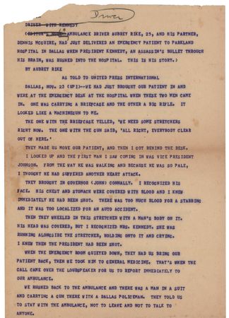 Lot #300 Kennedy Assassination: Ambulance Driver's Eyewitness Account Teletype - Image 1