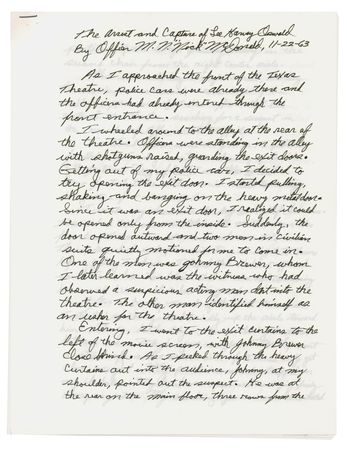 Lot #308 Kennedy Assassination: Maurice 'Nick' McDonald Autograph Manuscript Signed - ?The Arrest and Capture of Lee Harvey Oswald