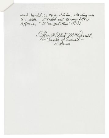 Lot #308 Kennedy Assassination: Maurice 'Nick' McDonald Autograph Manuscript Signed - ?The Arrest and Capture of Lee Harvey Oswald