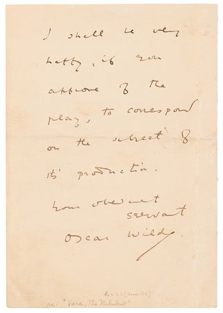 Lot #567 Oscar Wilde Autograph Letter Signed on 'Vera; or, The Nihilists': 