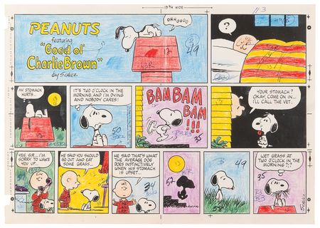 Lot #526 Charlie Brown and Snoopy production color guide for a Peanuts comic strip - Image 1