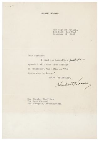 Lot #104 Herbert Hoover Typed Letter Signed, Forwarding His WWII Speech on 'The Approaches to Peace' - Image 1