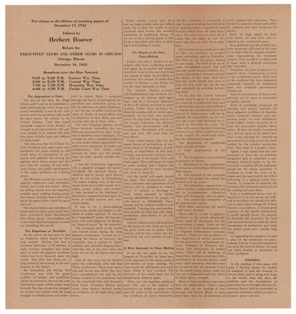 Lot #104 Herbert Hoover Typed Letter Signed, Forwarding His WWII Speech on 'The Approaches to Peace' - Image 2