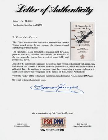 Lot #179 Donald Trump Signed Mar-a-Lago Dinner Menu - Image 2