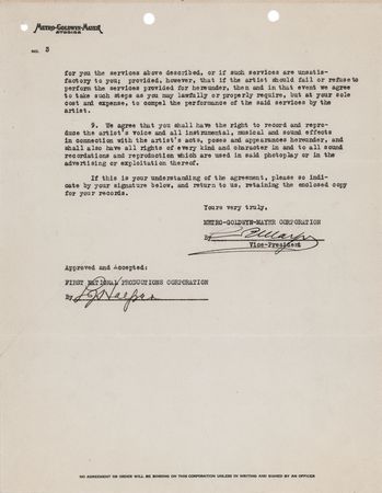 Lot #788 Louis B. Mayer Signed Movie Contract - Loaning Leila Hyams to First National Pictures - Image 1