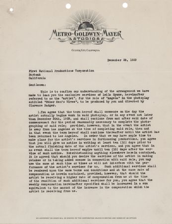 Lot #788 Louis B. Mayer Signed Movie Contract - Loaning Leila Hyams to First National Pictures - Image 2