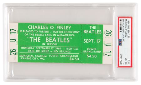 Lot #9016 Beatles 1964 Municipal Stadium (Kansas City) Concert Ticket - PSA FULL VG-EX 4 - Image 1