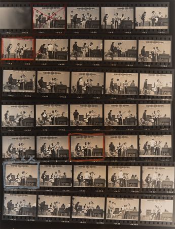 Lot #9126 Bob Dylan and the Butterfield Blues Band Soundcheck Contact Sheet Photograph by David Gahr, Newport 1965 - Dylan Goes Electric - Image 1