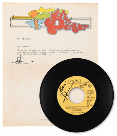 Lot #9307 John Denver Signed 45 RPM Record and Type Letter Signed - Image 1