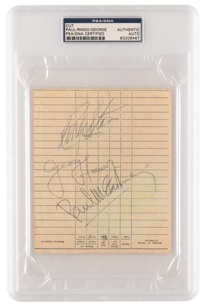 Lot #9012 Beatles Signatures - McCartney, Harrison, and Starr - Image 1