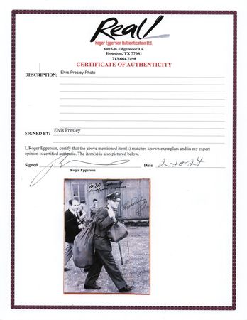Lot #9299 Elvis Presley Signed Photograph as U.S. Army Serviceman, Presented to 