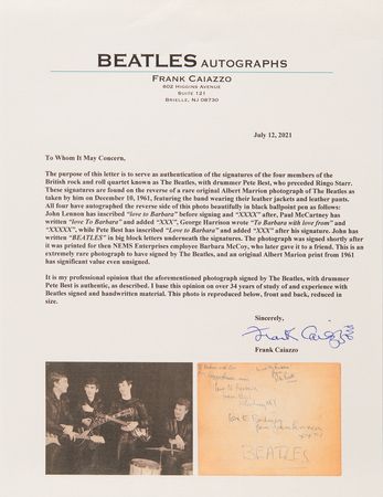Lot #9002 Beatles Signed Photograph with Pete Best - Rare Albert Marrion Band Photo from December 10, 1961 - Image 4