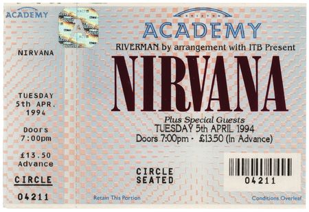 Lot #9478 Kurt Cobain: Full Nirvana Concert Ticket (Brixton Academy in London, April 5, 1994) - Image 1