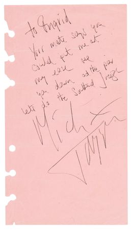 Lot #9253 Mick Jagger Autograph Note Signed to British Singer Ingrid Mansfield-Allman - Image 1