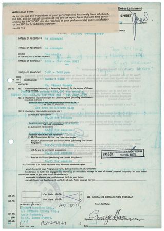 Lot #9097 George Harrison Twice-Signed Document for BBC Radio 1 Recording Sessions - Image 1