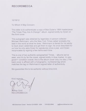 Lot #9130 Bob Dylan Signed Album - The Times They Are a-Changin' - Image 3