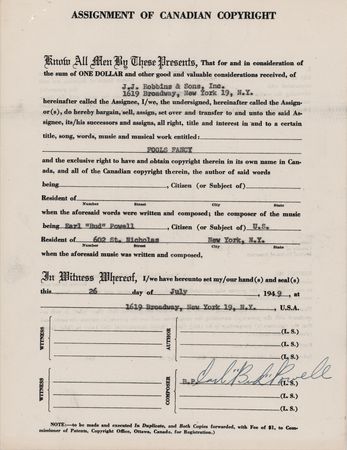 Lot #9297 Bud Powell Document Signed for His Composition 'Fools Fancy' - Image 1