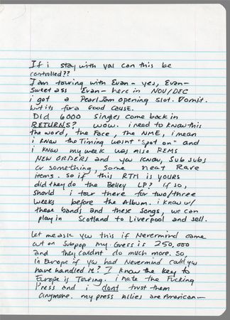 Lot #9493 Courtney Love Autograph Letter Signed on Kurt Cobain, Nevermind, Corruption in the Music Industry, and Hole's Second Album: 