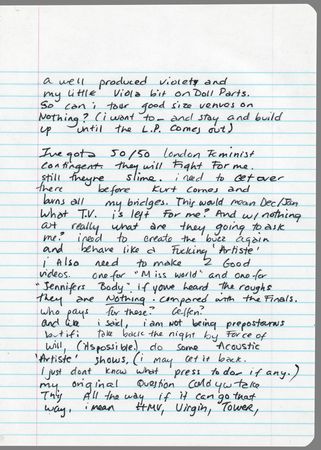Lot #9493 Courtney Love Autograph Letter Signed on Kurt Cobain, Nevermind, Corruption in the Music Industry, and Hole's Second Album: 