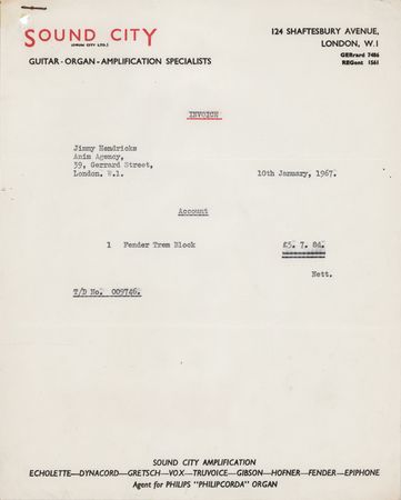 Lot #9233 Jimi Hendrix Original Sound City Invoice for a 