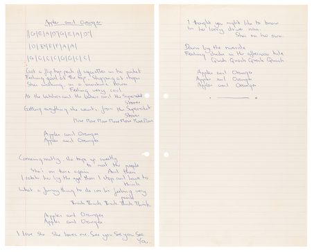 Lot #9282 Syd Barrett Handwritten Lyrics for the Pink Floyd Song ?Apples and Oranges? - From the Collection of Manager Peter Jenner - Image 1