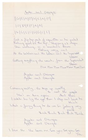 Lot #9282 Syd Barrett Handwritten Lyrics for the Pink Floyd Song ?Apples and Oranges? - From the Collection of Manager Peter Jenner - Image 2