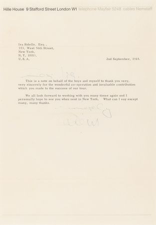 Lot #9069 Brian Epstein Sends a Letter of Thanks 