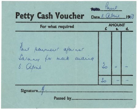 Lot #9058 Paul McCartney's NEMS Enterprises Petty Cash Voucher (April 1963) - Image 1