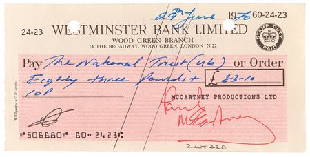 Lot #9054 Paul McCartney Signed Check to the National Trust - Image 1