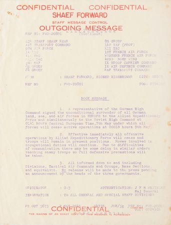 Lot #364 World War II Book Message: Eisenhower's SHAEF Forward Total Ceasefire Order (May 7, 1945): 