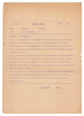 Lot #415 World War II Cipher Message: Eisenhower's Total Ceasefire Order (May 7, 1945), Announcing the 