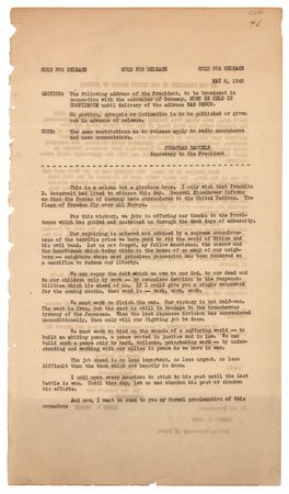 Lot #418 World War II: V-E Day Proclamation White House Press Release - Image 1