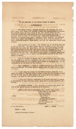Lot #418 World War II: V-E Day Proclamation White House Press Release - Image 2