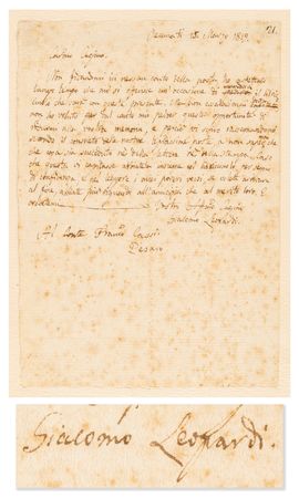 Lot #706 Giacomo Leopardi Autograph Letter Signed on Poetry, Sending His 